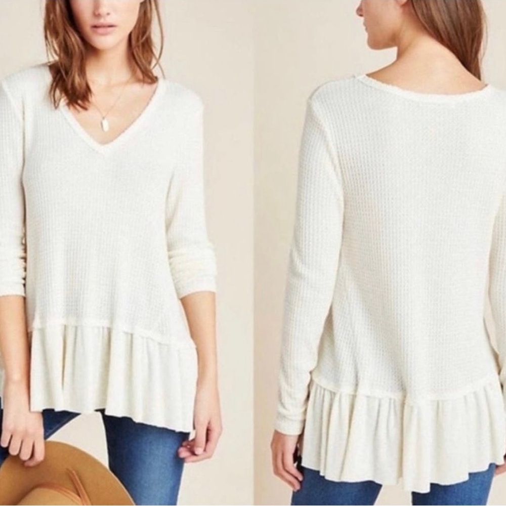 Anthropologie Eri + Ali Waffled V-Neck Peplum Top Cream - Size XS